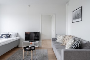 The spacious living room has a sofa bed and a double bed