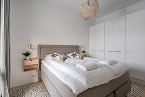 Apartment master bedroom includes a 160cm wide bed and closets.