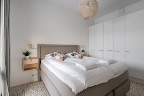 Apartment master bedroom includes a 160cm wide bed and closets.