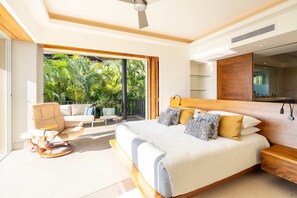 The master bedroom, with a king bed, offers an amazing view.