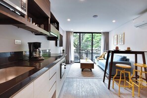 Close-up of kitchen that has everything you need for a short or mid-term stay. 