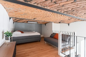 Apartment bedroom is on the loft. There is a 160cm wide bed and a bed sofa with 140cm sleeping space.