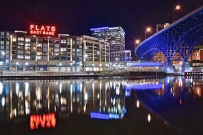 The Flats downtown Cleveland with multiple bars and restaurants. 10 minutes away
