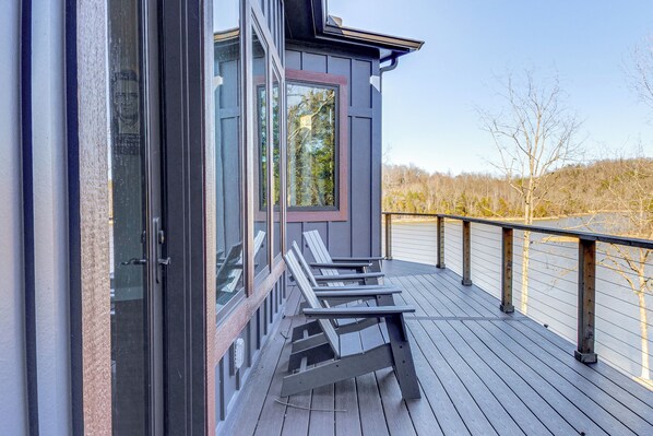 Wraparound Deck | Grill | Outdoor Dining Area | Lake ViewsJacksboro Vacation Ren