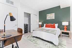 As you enter the bedroom, the comfortable bedding and peaceful atmosphere create the perfect retreat from the day.
