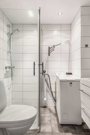 Modern bathroom with a combined shower and laundry area.