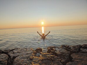 Evening swims in nearby Lake Huron offer crystal-clear water, glowing sunsets, and the perfect way to end a summer day.