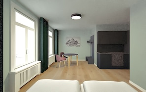 Wohnzimmer / Doppelbett / Essbereich / Küche