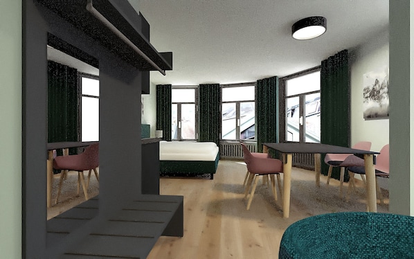 Living room / double bed / dining area / kitchen