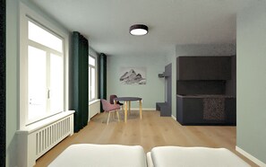 Living room / double bed / dining area / kitchen