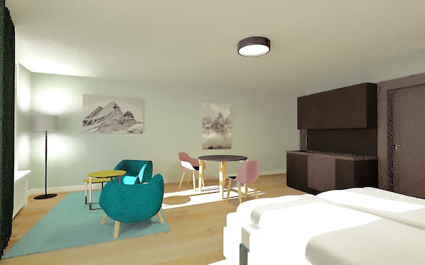 Wohnzimmer / Doppelbett / Essbereich / Küche