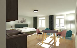 Wohnzimmer / Doppelbett / Essbereich / Küche