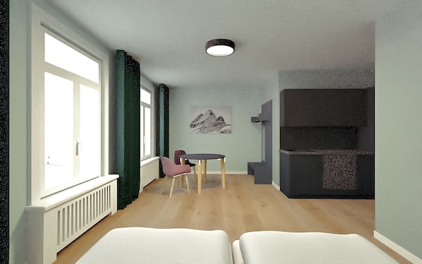 Living room / double bed / dining area / kitchen