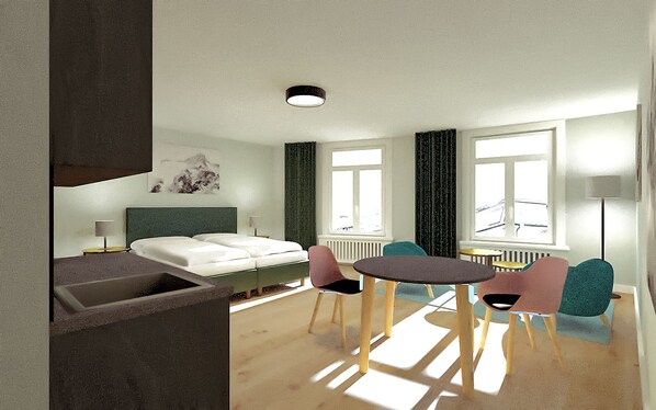 Living room / double bed / dining area / kitchen