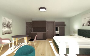 Living room / double bed / dining area / kitchen