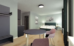 Living room / double bed / dining area / kitchen