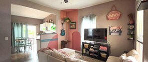 Boho-chick style meets open-concept comfort - perfect for a movie night! 