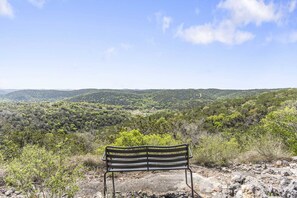 Take in panoramic Hill Country views from your private bench perch at Carmel in the Sky-perfect for morning coffee or sunset reflection.