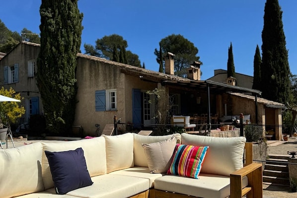 Pool terrace and seating and exceptional views.