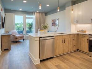 Kitchen and living room.