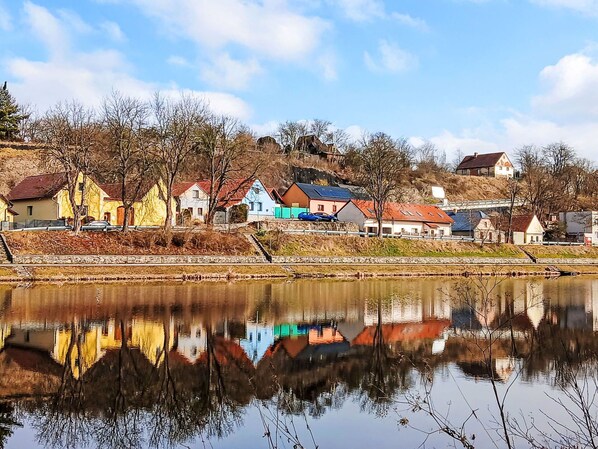 Bank, House, Rural Area, Home, Human Settlement, Reflection, Village, Cottage, Morning, River