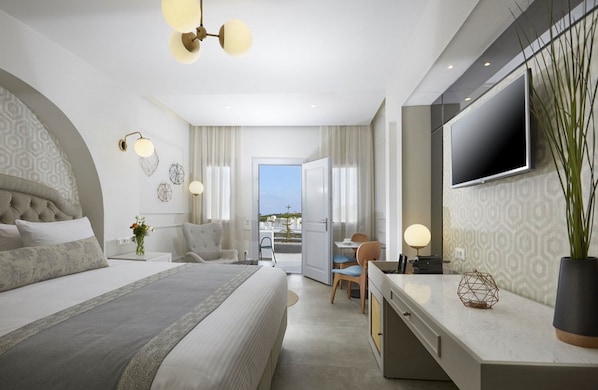 Wonderful Santorini Room | Olympia Room | Breathtaking Caldera and Sea Views | Lovely Furnished Balcony | Prime Location | Fira