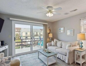 Living room with view of canal
