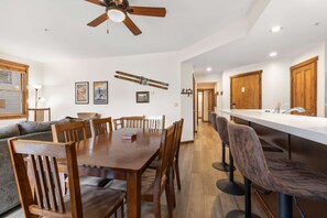 Dining area: Seating for 6, open layout, patio access