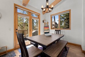 Dining room seating for 6 and additional seating at the kitchen barstools.