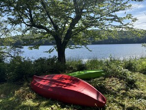 Kayaks provided to paddle along the shore of the lake.