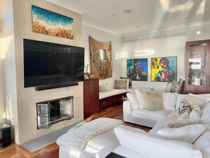 Living Room, Gas Fireplace, Restoration Hardware Cloud Couch, TV