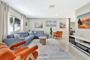Spacious living room with plush couch