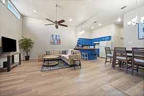 Movie night ready with comfy seating and entertainment.

