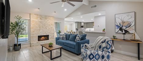 Movie night ready with comfy seating and entertainment.