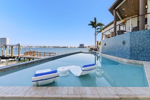 Lounge in style by the pool with panoramic waterfront scenery.

