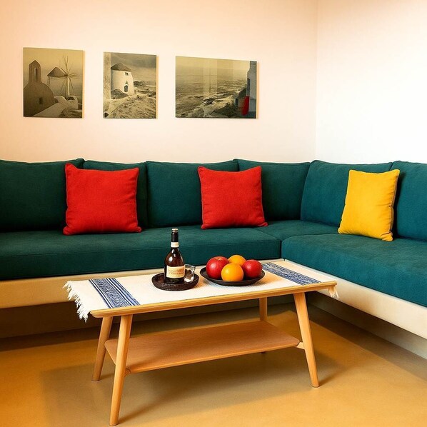 Stylish Living Room with Bold Accents and Ample Seating
A warm and colorful space designed for relaxation after a day exploring Santorini.