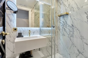 salle de bain avec douche et toilette