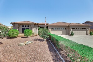 Property Exterior | Single-Story Home | Private Pool & Hot Tub