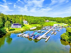 Scenic lake view featuring a marina and peaceful coves, perfect for boating and relaxing by the water