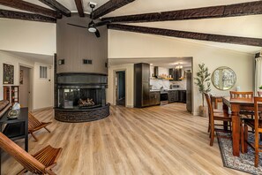 walk in to a stunning central fireplace