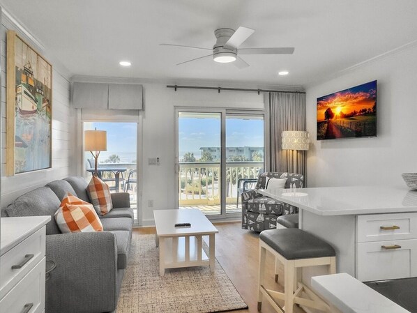 Living Room with Designer Finishes | IOP Escapes The Admiral | Sea Cabins 307A | Top Floor Luxury Oceanfront Condo