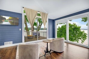 So many cozy spots to unwind—each with a view of the lake!
