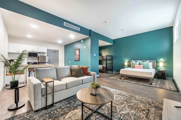 Queen Bed, Queen Sofa Bed, and Twin Bunk Bed