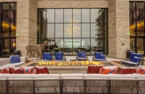 Terrace firepit outside of the hotel lobby