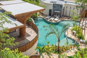 Enjoy a delicious meal at the restaurant above the pool with stunning views!