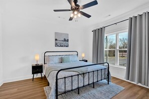 A spacious king suite with a brand new mattress