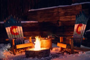 Our custom Colorado Ski chairs around the fire is commonly guests' favorite place to relax and unwind.