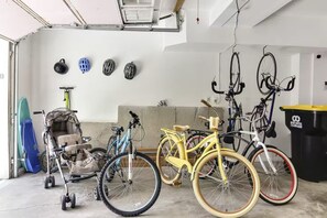 In the garage, we have adult size bikes and helmets available as well as a stroller.