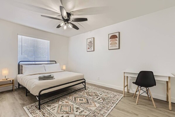 2nd bedroom with memory foam queen mattress. Bedside touch lamps and USB ports. Desk and chair in the queen room to be able to work from home. Super fast internet and Zoom calls will not be an issue.