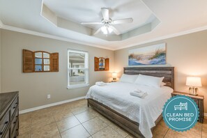 Sleep better at Padre Escapes with our exclusive Clean Bed Promise, providing fresh linens, comforters, and towels washed at high temperatures exceeding CDC recommendations, setting us apart for a truly restful vacation